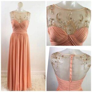 Franssical peach beaded gown with sheer panels & crew neck ruched dress 2